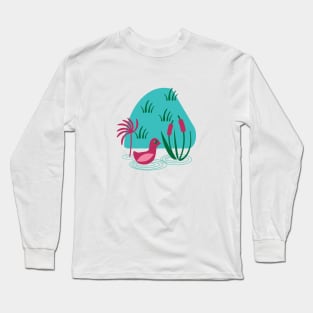 Duck Swimming Pond Plants Illustration Long Sleeve T-Shirt